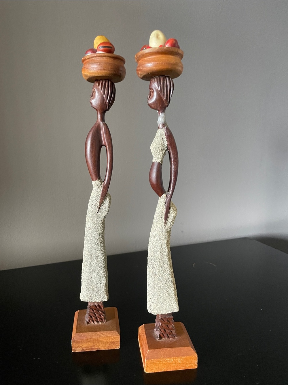Handcrafted Wooden African Woman Figurines in Brown and Cream - Pair